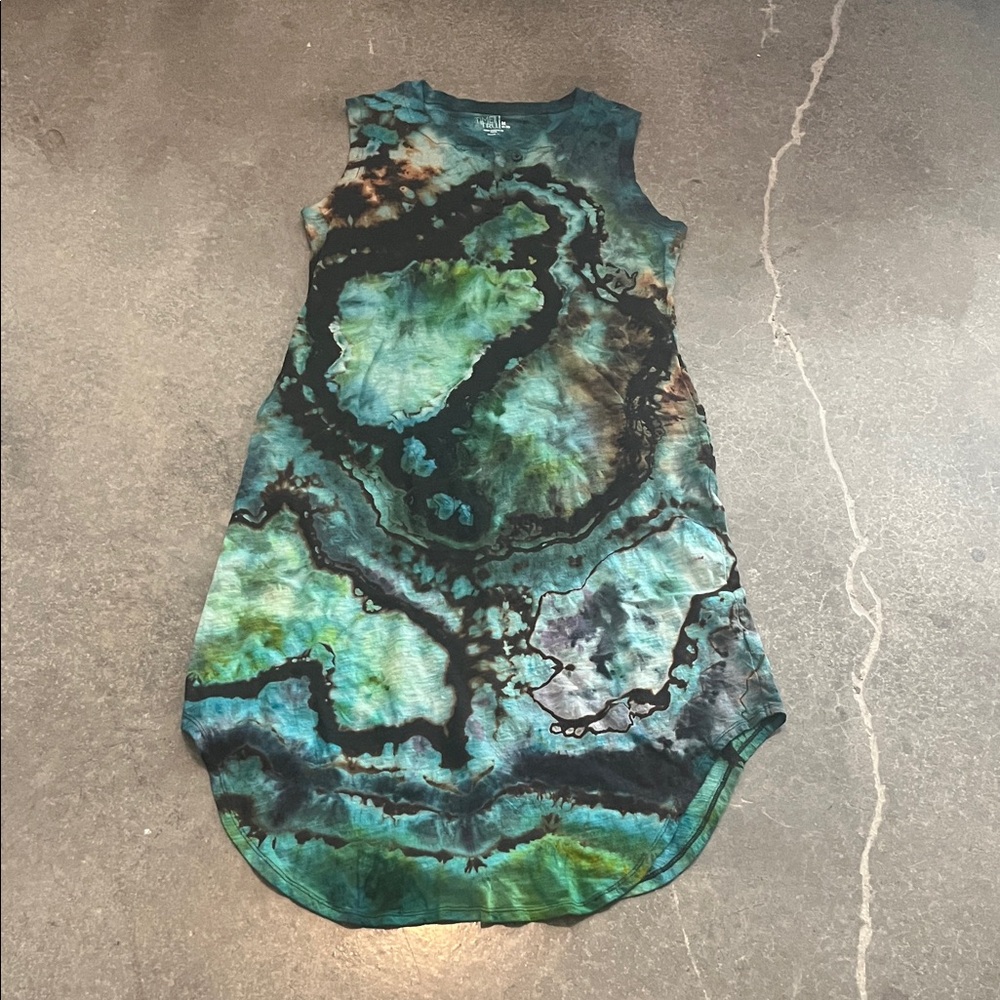 Falls Creek Tie-Dye Sleeveless Dress in Teal and Black